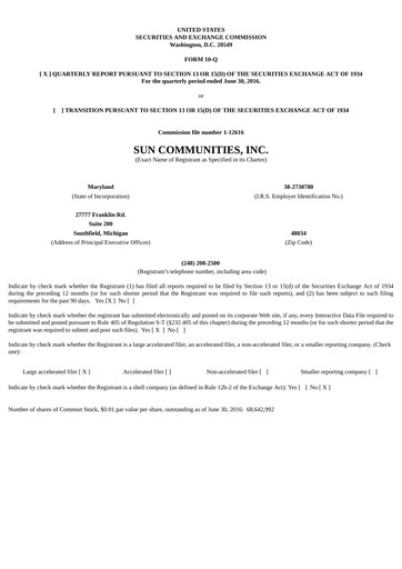 Thumbnail Sun Communities
 Quarterly Report 2016-q2