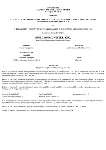 Thumbnail Sun Communities
 Quarterly Report 2018-q1
