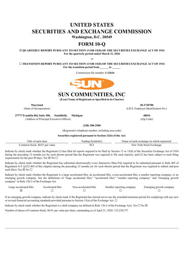 Thumbnail Sun Communities
 Quarterly Report 2026-q1