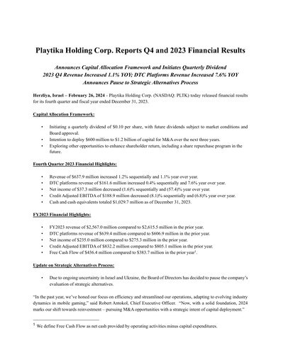 Miniature Playtika Rapport trimestriel 2023-q4