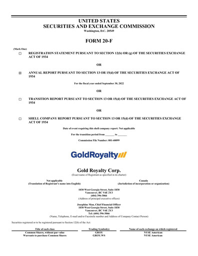 Miniature Gold Royalty Corp Rapport annuel 2022