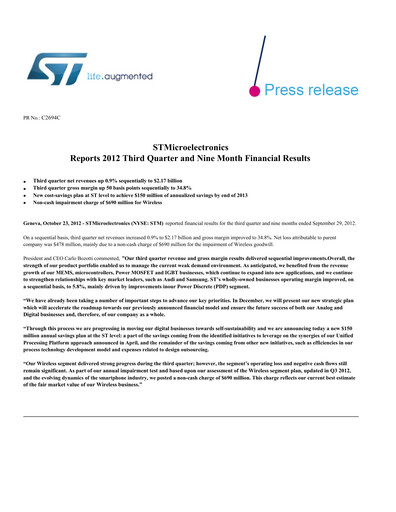 Thumbnail STMicroelectronics Quarterly Report 2012-q3