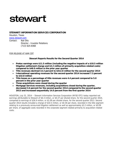 Thumbnail Stewart Information Services Quarterly Report 2014-q2