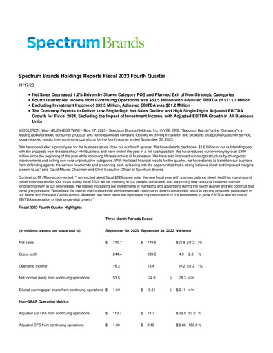 Thumbnail Spectrum Brands
 Quarterly Report 2023-q4