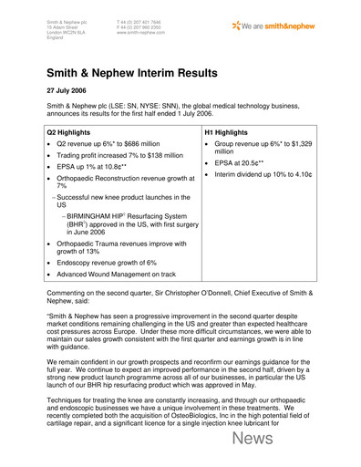 Thumbnail Smith & Nephew
 Half-year Report 2006-h1
