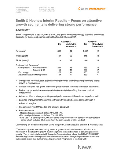 Thumbnail Smith & Nephew
 Half-year Report 2007-h1