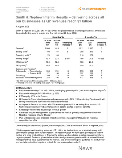 Thumbnail Smith & Nephew
 Half-year Report 2008-h1