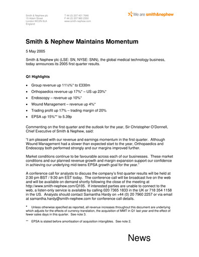 Thumbnail Smith & Nephew
 Quarterly Report 2005-q1