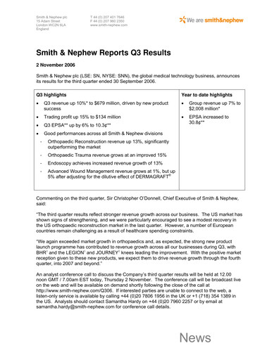 Thumbnail Smith & Nephew
 Quarterly Report 2006-q3
