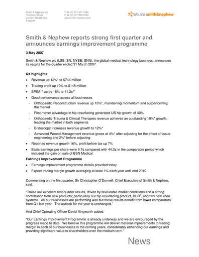 Thumbnail Smith & Nephew
 Quarterly Report 2007-q1