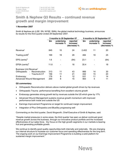 Thumbnail Smith & Nephew
 Quarterly Report 2007-q3