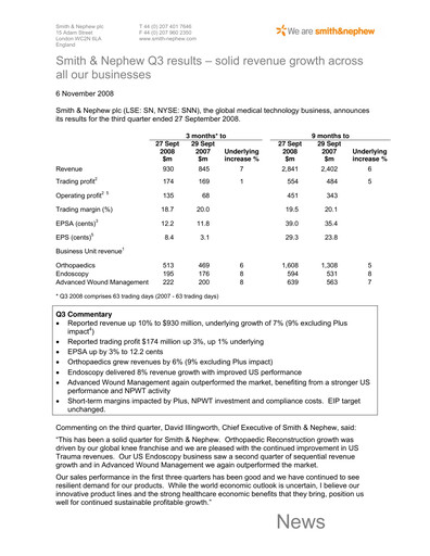Thumbnail Smith & Nephew
 Quarterly Report 2008-q3