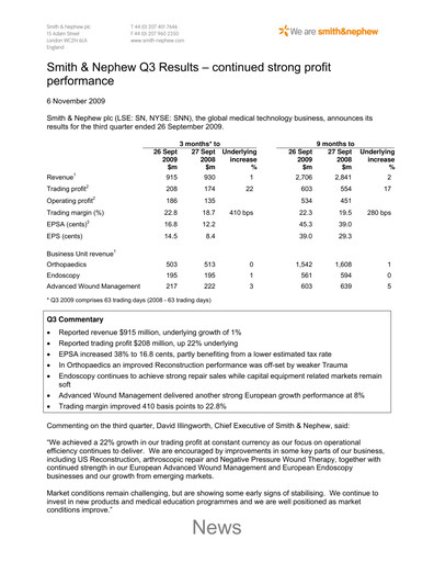 Thumbnail Smith & Nephew
 Quarterly Report 2009-q3
