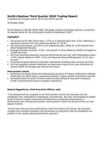Thumbnail Smith & Nephew
 Quarterly Report 2020-q3