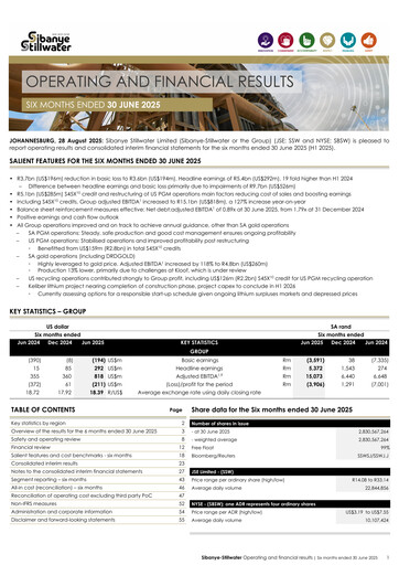 Miniature Sibanye-Stillwater
 Rapport semestriel 2025-h1