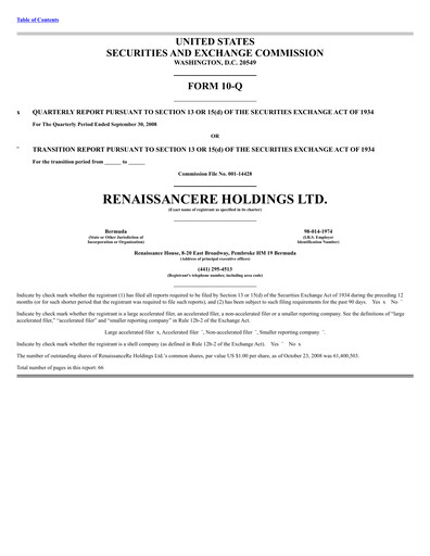 Thumbnail RenaissanceRe
 Quarterly Report 2008-q3