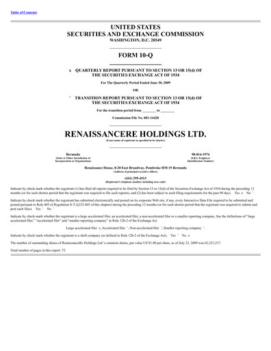 Thumbnail RenaissanceRe
 Quarterly Report 2009-q2