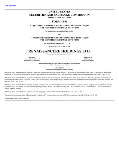 Thumbnail RenaissanceRe
 Quarterly Report 2011-q2