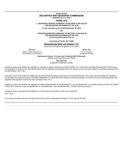 Thumbnail RenaissanceRe
 Quarterly Report 2012-q3