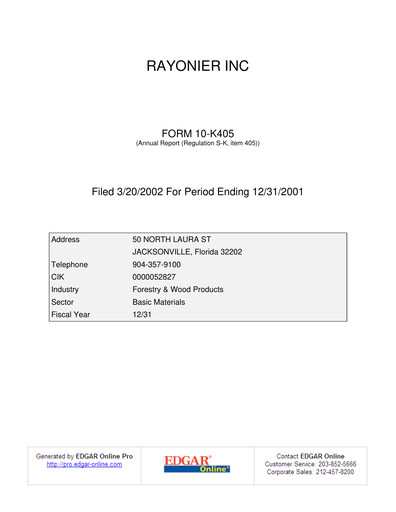 Thumbnail Rayonier Annual Report 2001