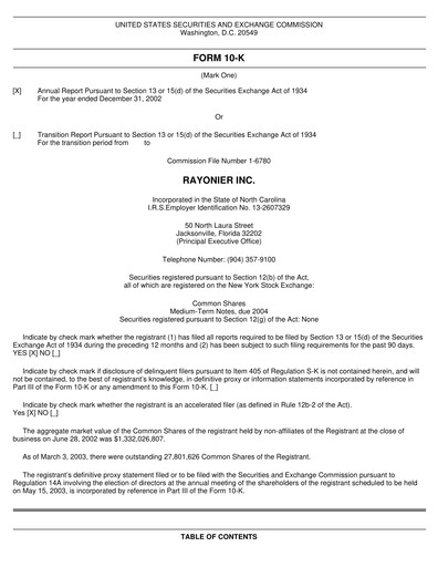 Thumbnail Rayonier Annual Report 2002