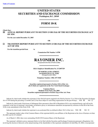 Thumbnail Rayonier Annual Report 2003