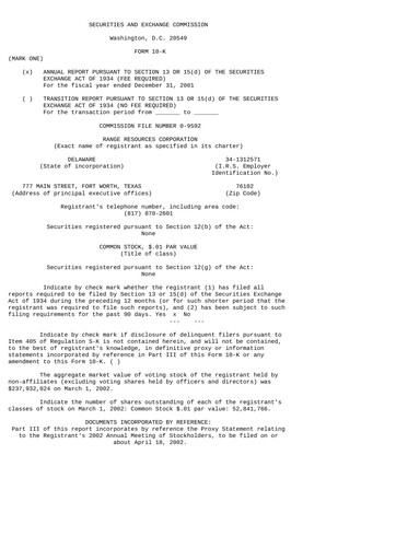 Thumbnail Range Resources
 Annual Report 2001
