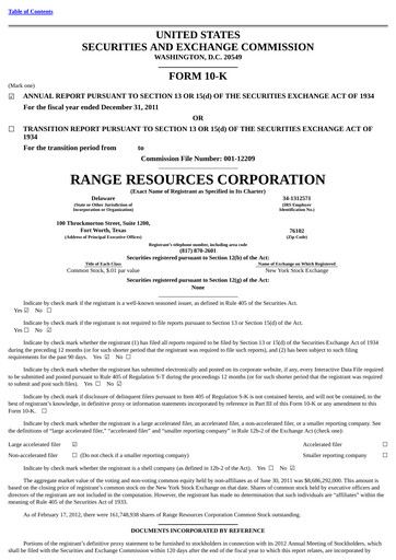 Thumbnail Range Resources
 Annual Report 2011