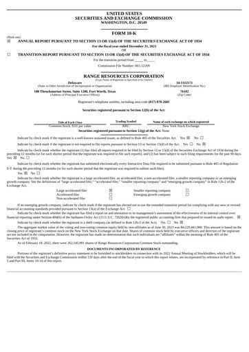 Thumbnail Range Resources
 Annual Report 2021