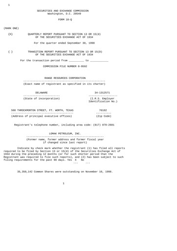 Thumbnail Range Resources
 Quarterly Report 1998-q3