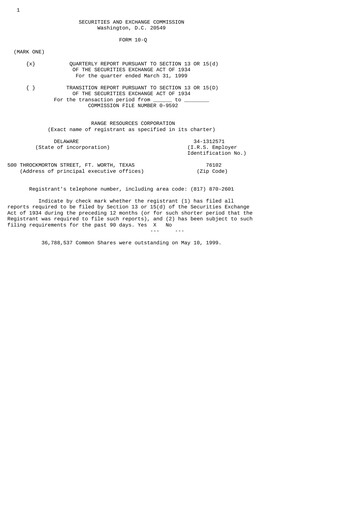 Thumbnail Range Resources
 Quarterly Report 1999-q1