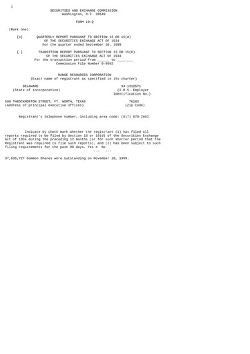 Thumbnail Range Resources
 Quarterly Report 1999-q3