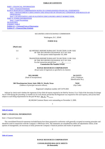 Thumbnail Range Resources
 Quarterly Report 2000-q3