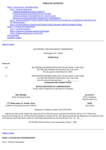 Thumbnail Range Resources
 Quarterly Report 2001-q1