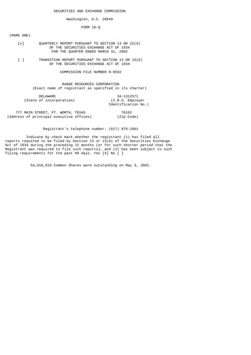 Thumbnail Range Resources
 Quarterly Report 2002-q1