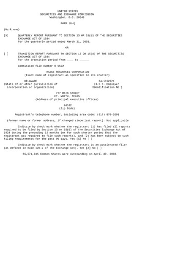 Thumbnail Range Resources
 Quarterly Report 2003-q1
