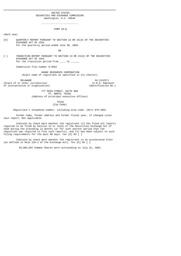 Thumbnail Range Resources
 Quarterly Report 2003-q2
