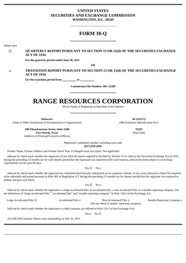 Thumbnail Range Resources
 Quarterly Report 2011-q2