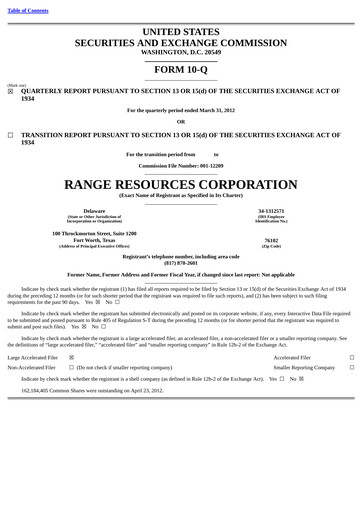 Thumbnail Range Resources
 Quarterly Report 2012-q1