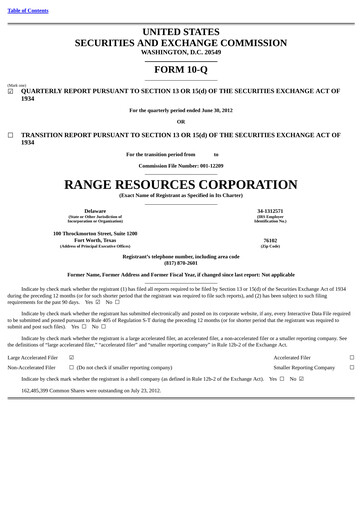 Thumbnail Range Resources
 Quarterly Report 2012-q2