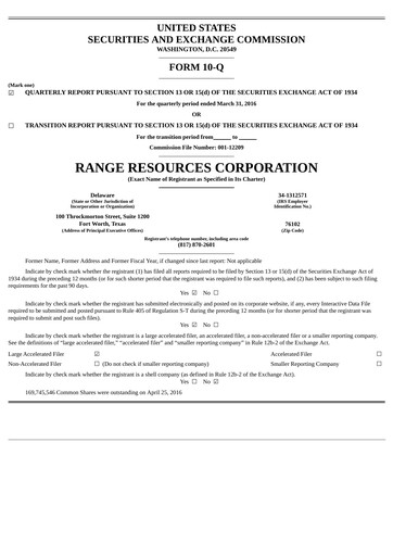 Thumbnail Range Resources
 Quarterly Report 2016-q1