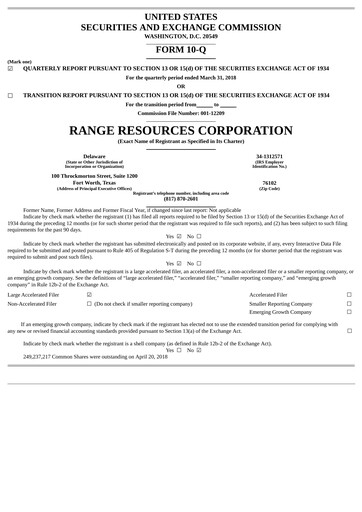 Thumbnail Range Resources
 Quarterly Report 2018-q1