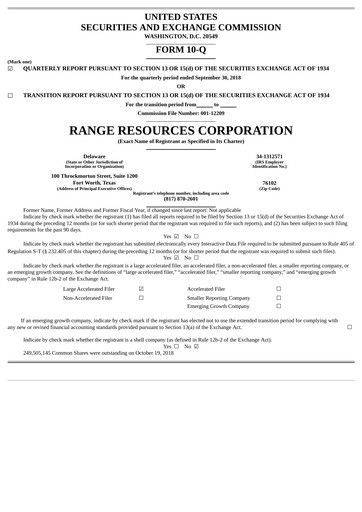 Thumbnail Range Resources
 Quarterly Report 2018-q3