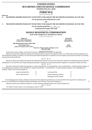 Thumbnail Range Resources
 Quarterly Report 2019-q1