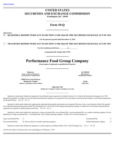 Thumbnail Performance Food Group Quarterly Report 2017-q2