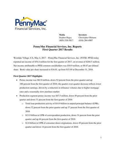 Thumbnail PennyMac Financial Services Quarterly Report 2017-q1