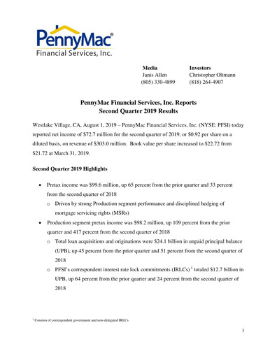 Thumbnail PennyMac Financial Services Quarterly Report 2019-q2