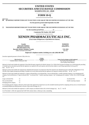Thumbnail Xenon Pharmaceuticals Quarterly Report 2020-q3