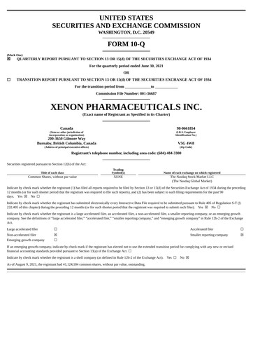 Thumbnail Xenon Pharmaceuticals Quarterly Report 2021-q2