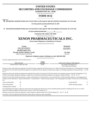 Thumbnail Xenon Pharmaceuticals Quarterly Report 2023-q1